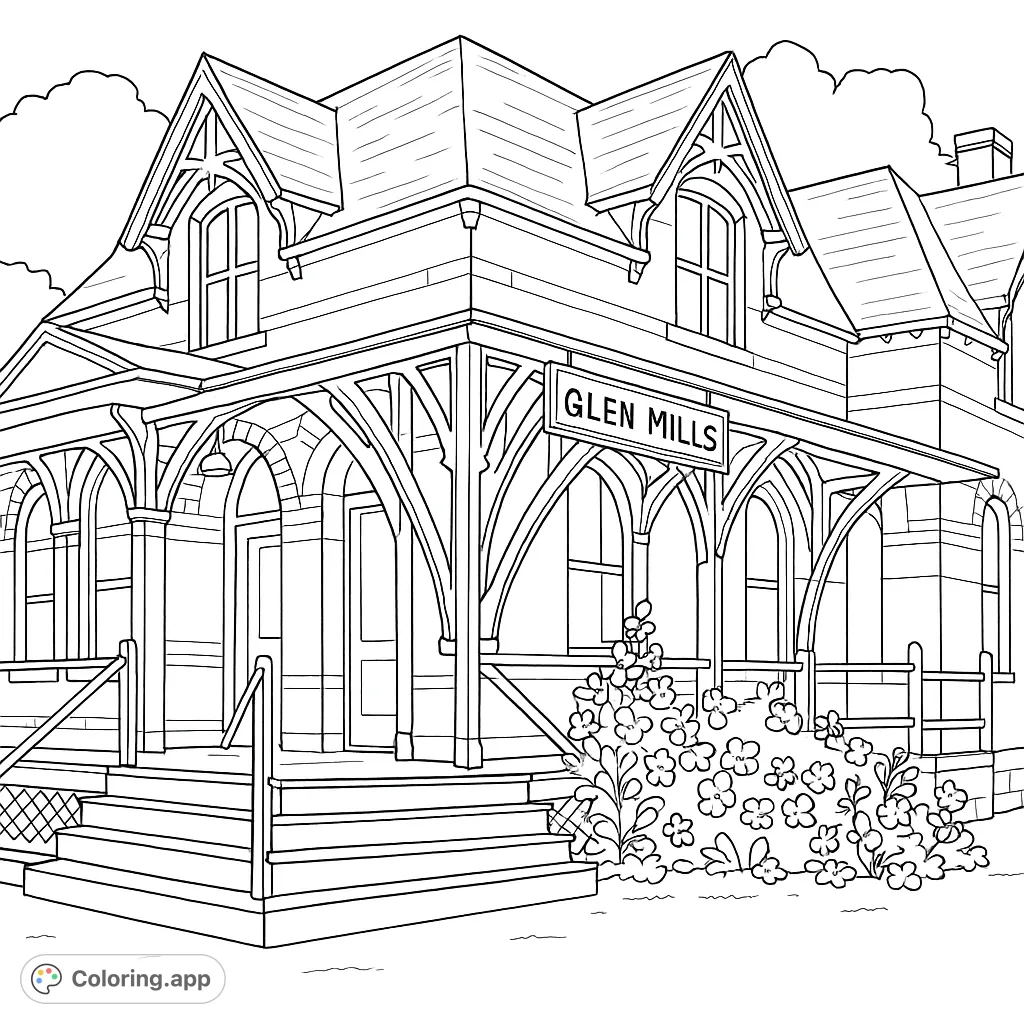 Color a charming historic brick building, featuring a grand porch with intricate wooden details, dormer windows, and a blooming bush. A delightful architectural scene.