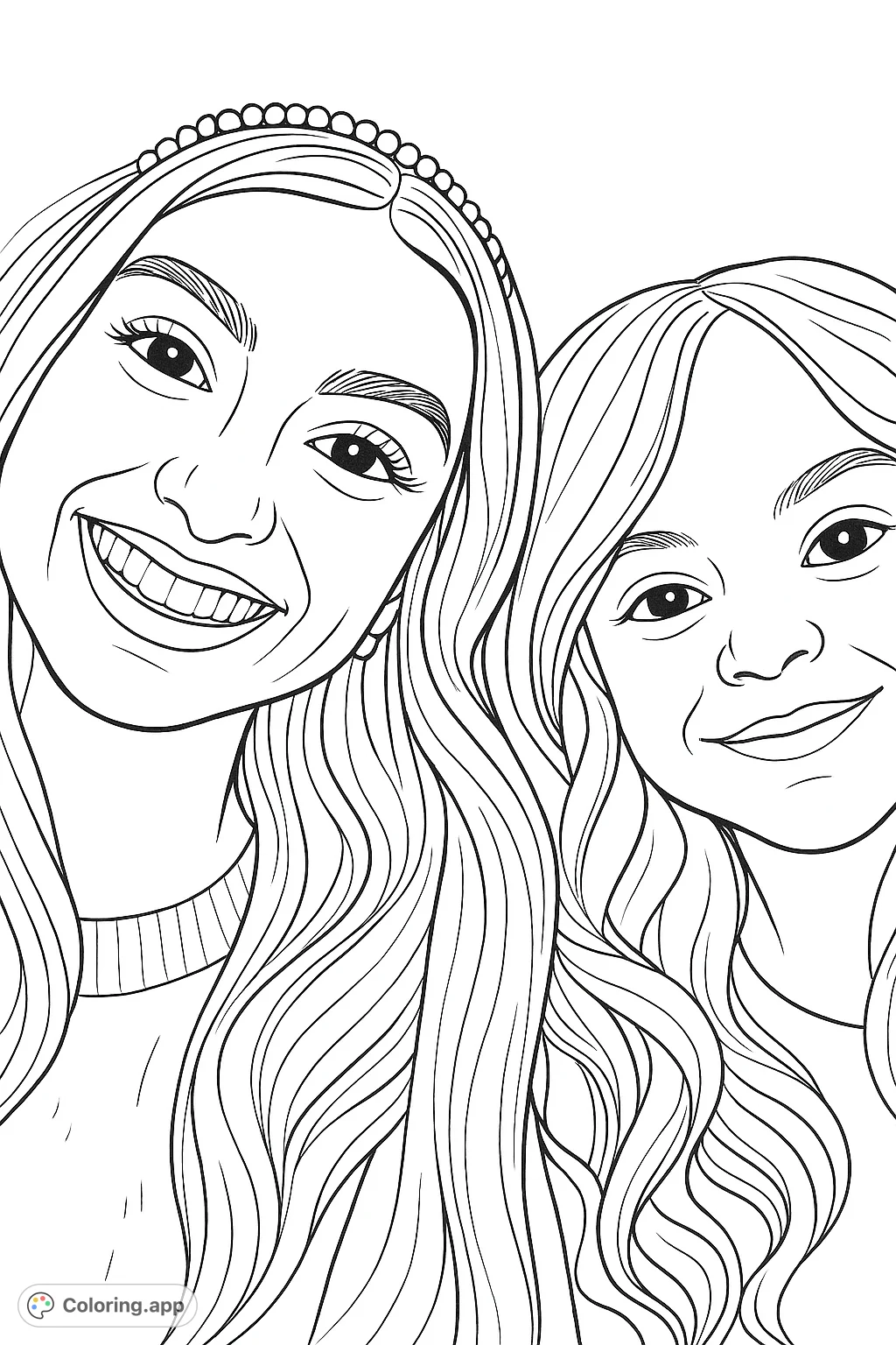 A heartwarming coloring page featuring two smiling individuals, one wearing a pearl-like headband, captured in a joyful, close-up portrait.