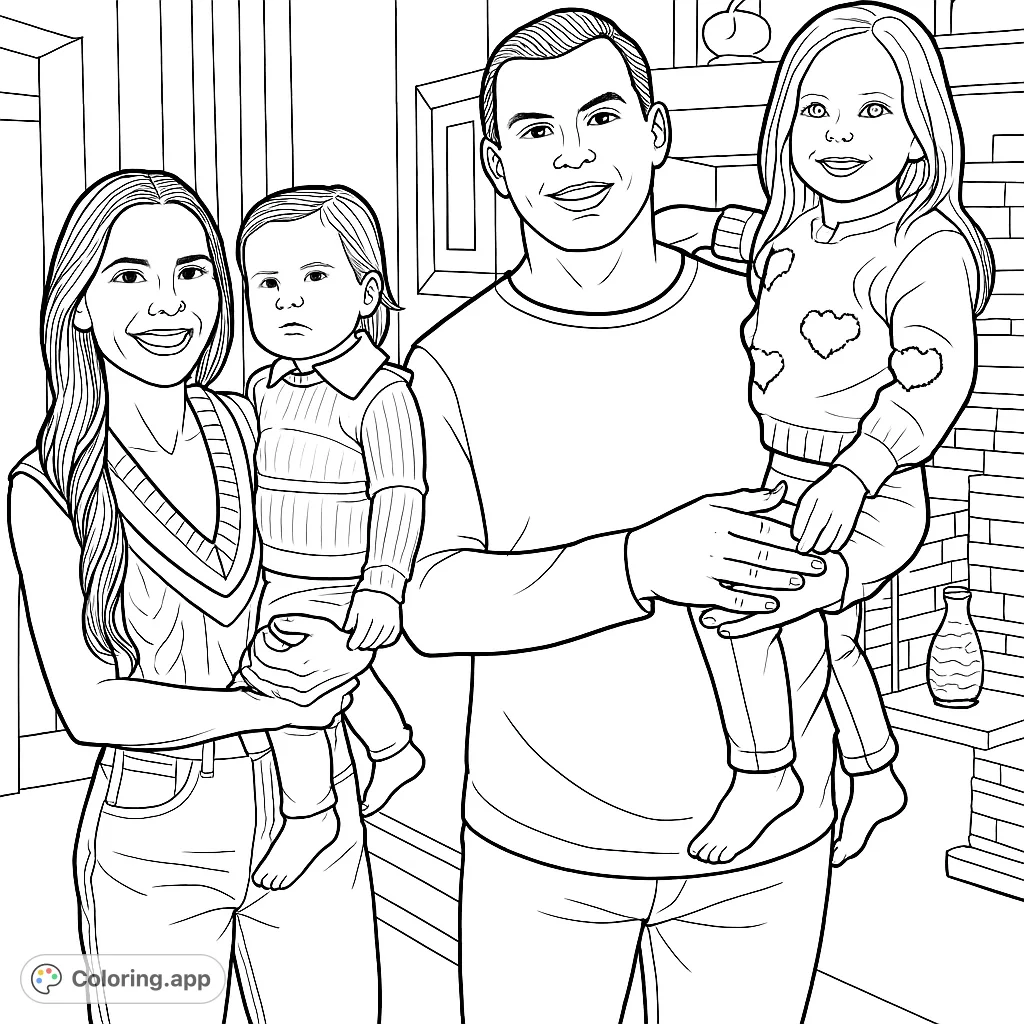 A heartwarming family portrait featuring two parents holding their two young children, all smiling. Perfect for a joyful coloring experience.