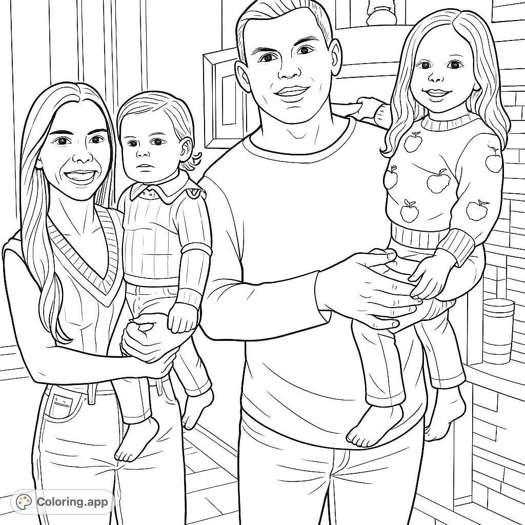 A heartwarming family portrait featuring two parents and their two young children, perfect for a personalized coloring experience.