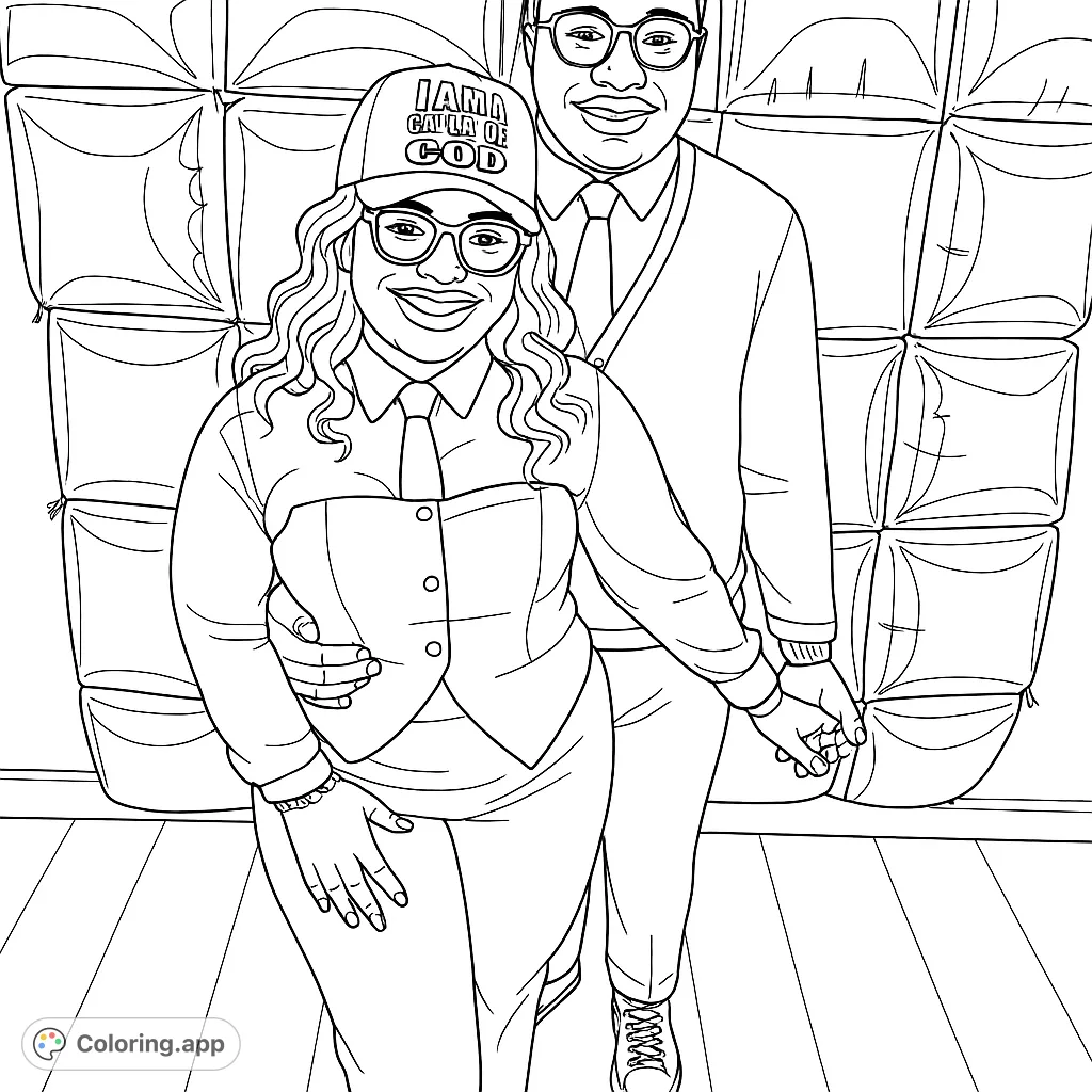 A joyful couple stands together, holding hands, against a backdrop of geometric inflated forms. Perfect for celebrating love and connection.