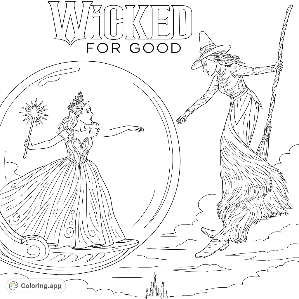 An epic magical confrontation unfolds in the sky between a benevolent sorceress in a bubble and a powerful witch on a staff. A fantasy adventure awaits your colors!