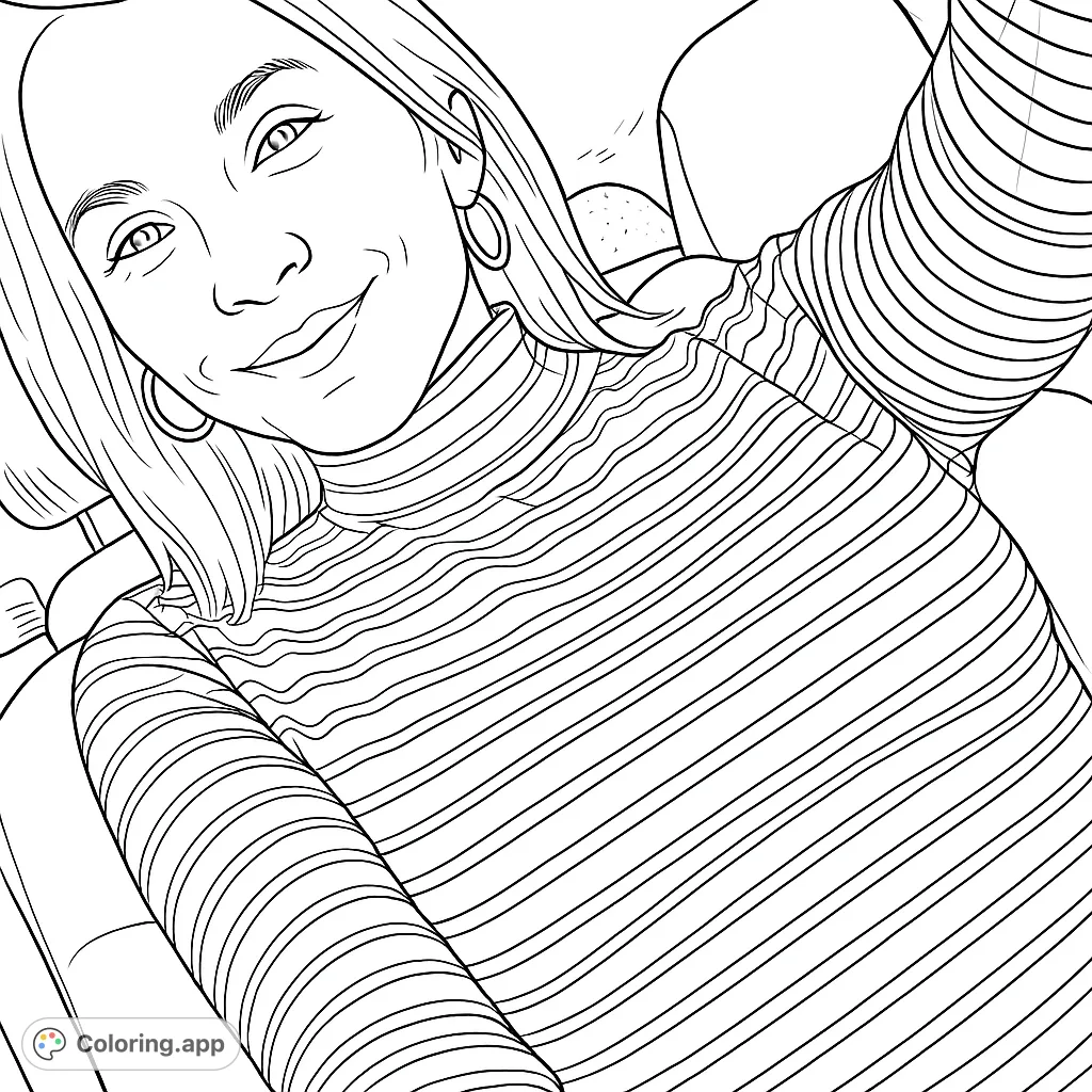 A stylish woman in a striped turtleneck, captured in a casual portrait. Perfect for fashion enthusiasts and those who enjoy detailed patterns.