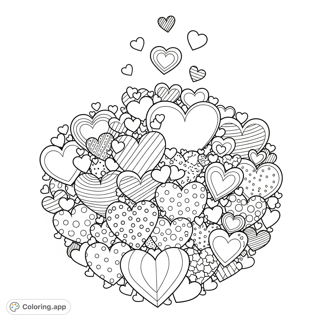 Explore a delightful hearts coloring page featuring a dense collection of various-sized hearts, some with intricate patterns, perfect for creative expression.