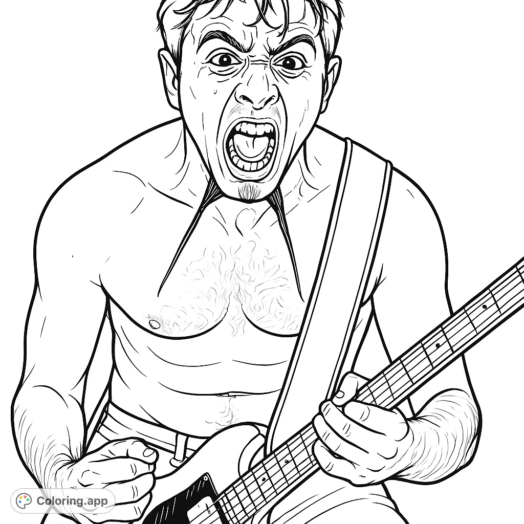 Dynamic guitarist with unique beard and intense expression, shredding on stage. A rock music coloring page for fans.