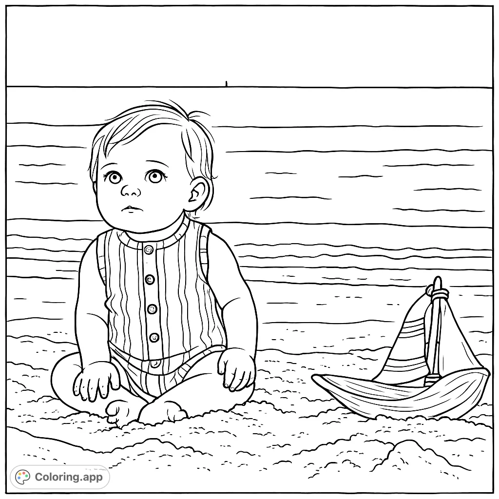 An adorable baby sits on a sandy beach, gazing at the sky, with a charming driftwood sailboat nearby. A delightful scene for a relaxing coloring experience.