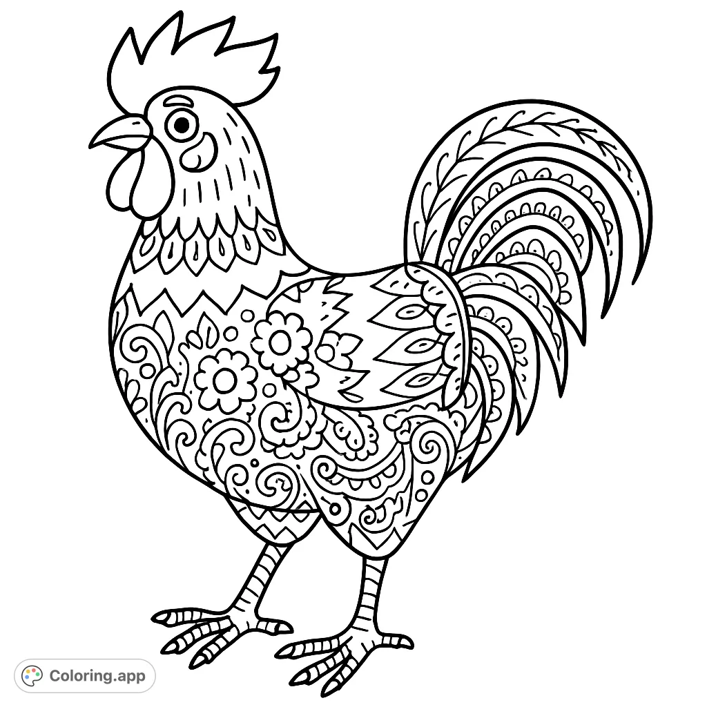 A cartoony rooster coloring page with bold outlines and intricate patterns, perfect for creative expression. A free printable rooster coloring page for all ages.