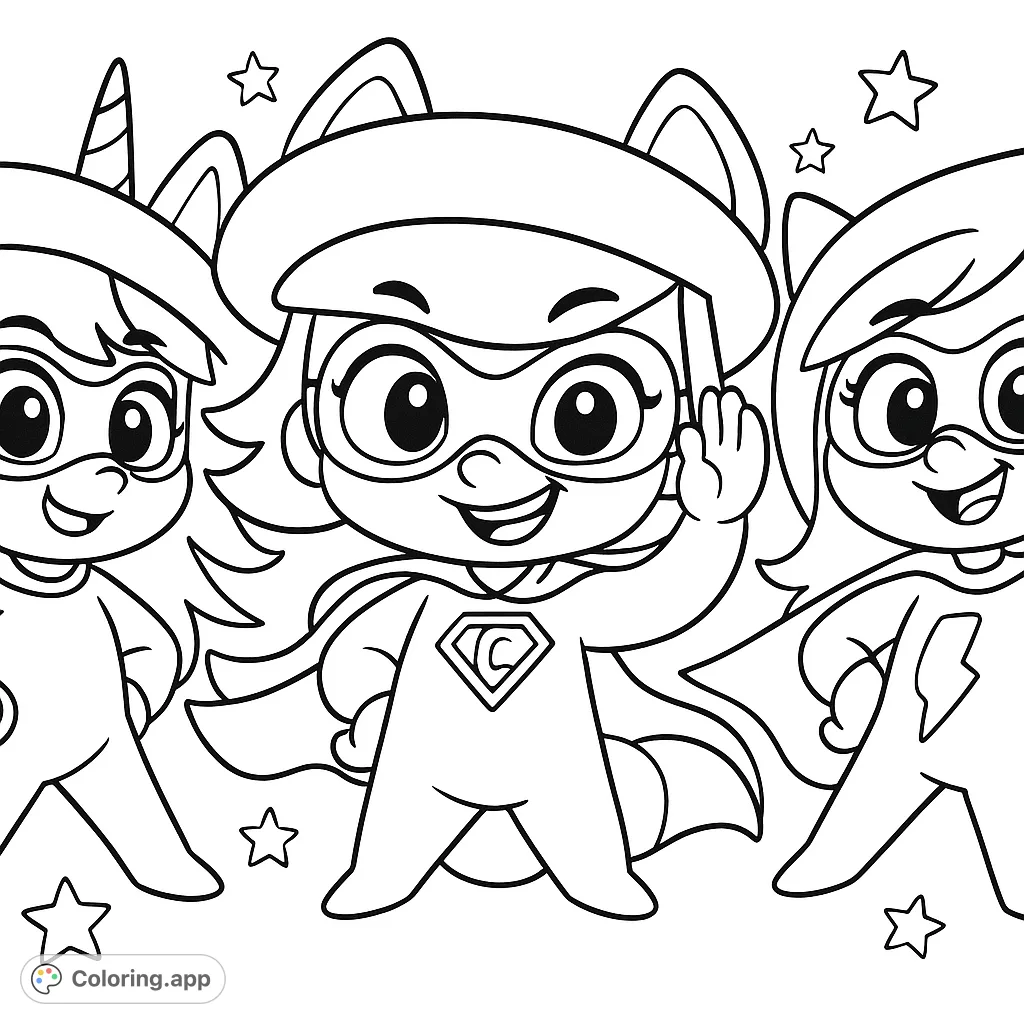 Join three adorable superhero friends ready for action! A fun, dynamic scene perfect for young heroes to color and imagine their own adventures.