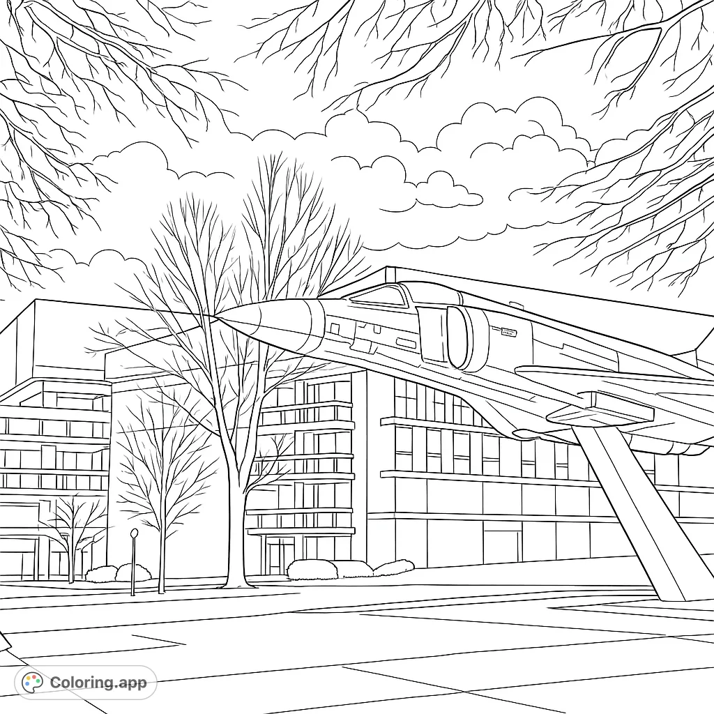 Color a powerful military jet on display before a grand brick building. Intricate details of the aircraft and architecture await your creative touch.