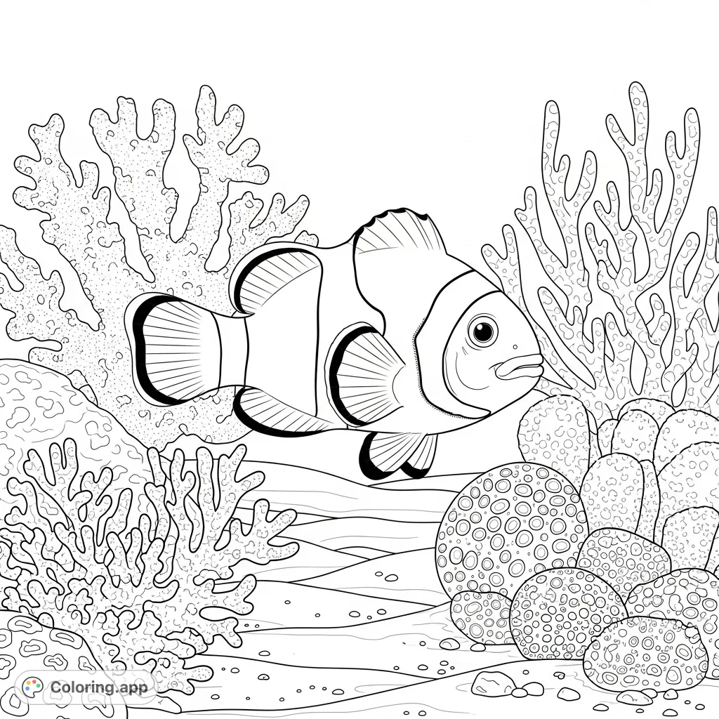 Dive into an underwater adventure! This clownfish coloring page features a cheerful fish swimming gracefully amidst intricate coral, perfect for ocean animal enthusiasts.