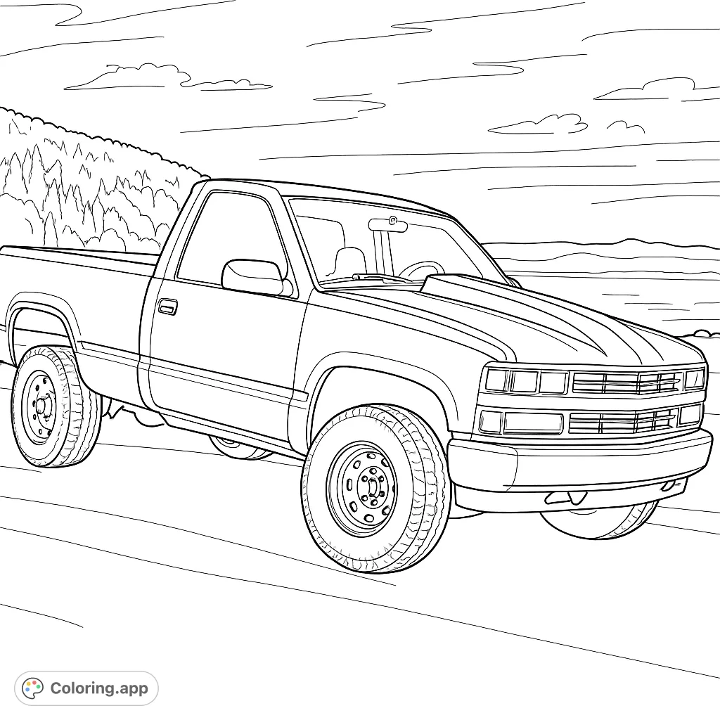 Color a rugged classic pickup truck with a powerful hood scoop, large tires, and a scenic outdoor backdrop. Perfect for vehicle enthusiasts!