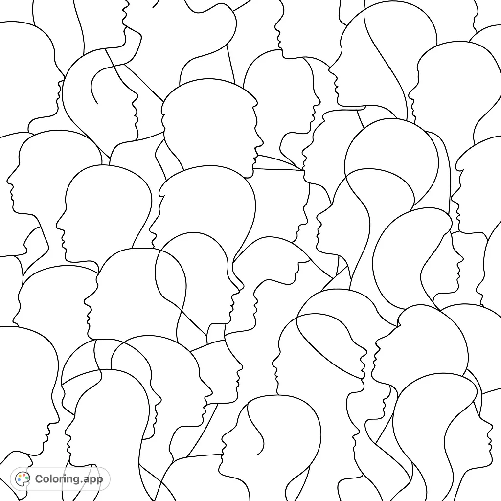 An intricate pattern of overlapping human head silhouettes, representing diversity and connection. A unique coloring challenge for all ages.