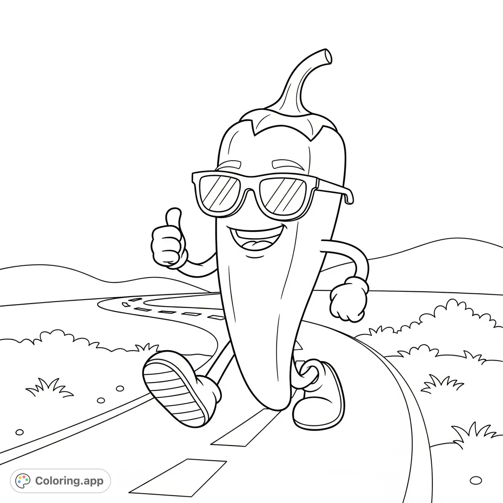 A cool chilli pepper character with sunglasses and a big smile gives a thumbs up while walking down a road. A fun, free printable chilli pepper coloring page.