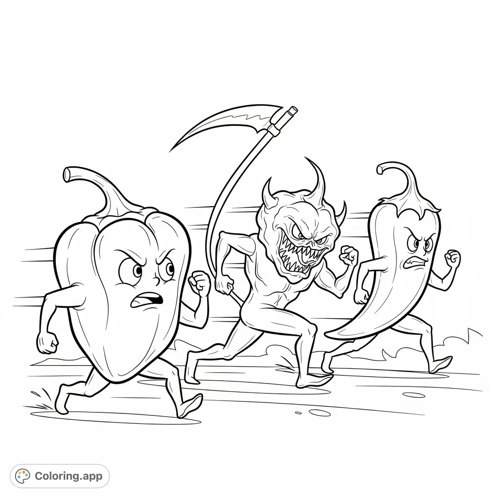 A thrilling chase scene featuring a Habanero Pepper person fleeing from the formidable Carolina Reaper and Ghost Pepper persons. A fiery, fun coloring adventure!