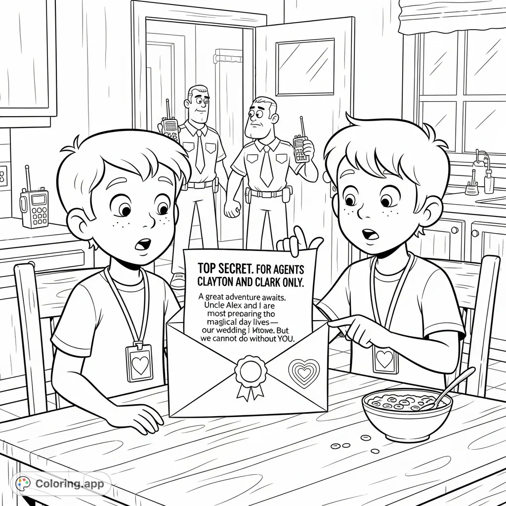 Clayton and Clark discover a "TOP SECRET" wedding invitation from Aunt Tobie and Uncle Alex, sparking surprise and excitement at their kitchen table.