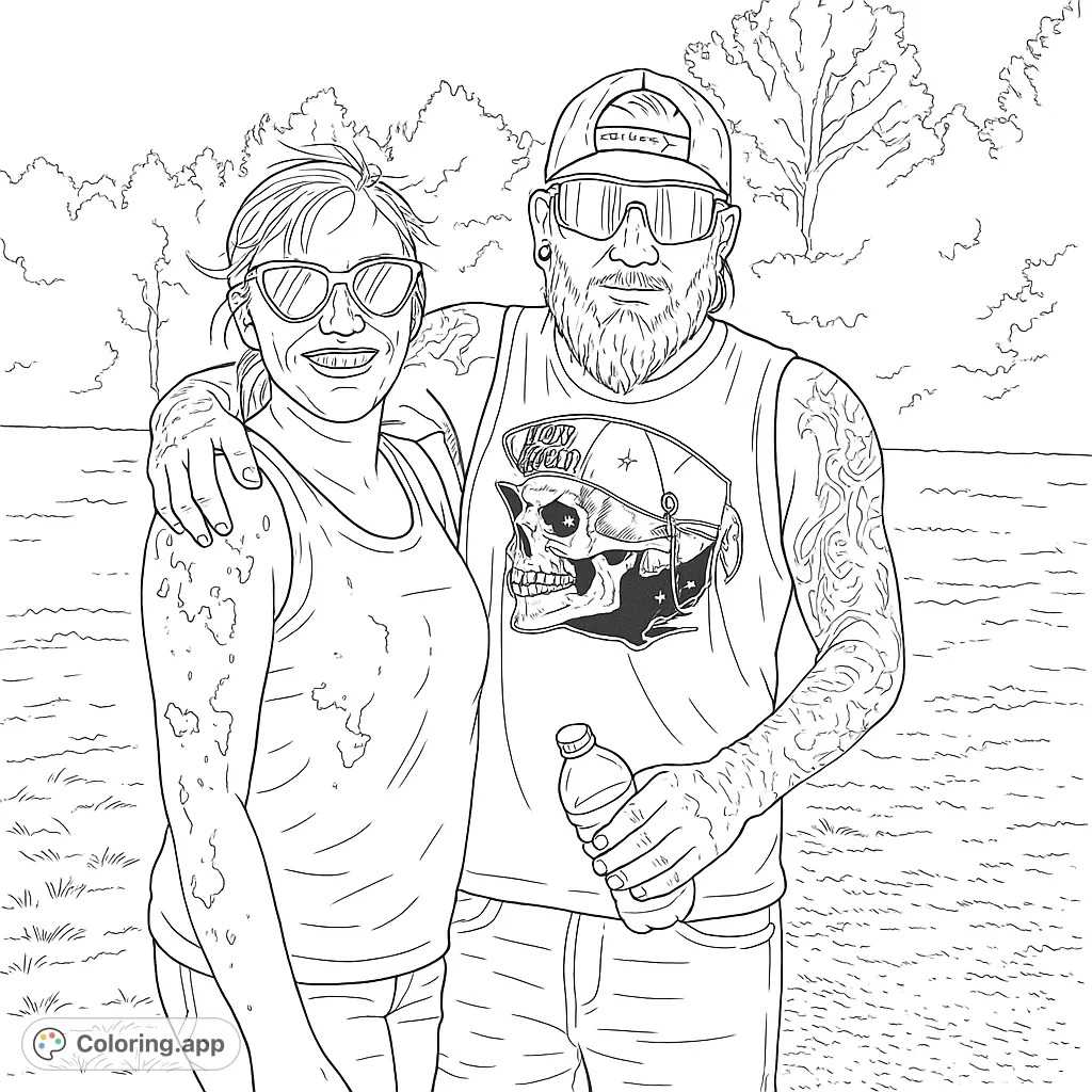 A fun, adventurous couple covered in mud, standing together after an outdoor activity. Features detailed tattoos, sunglasses, and a natural setting.