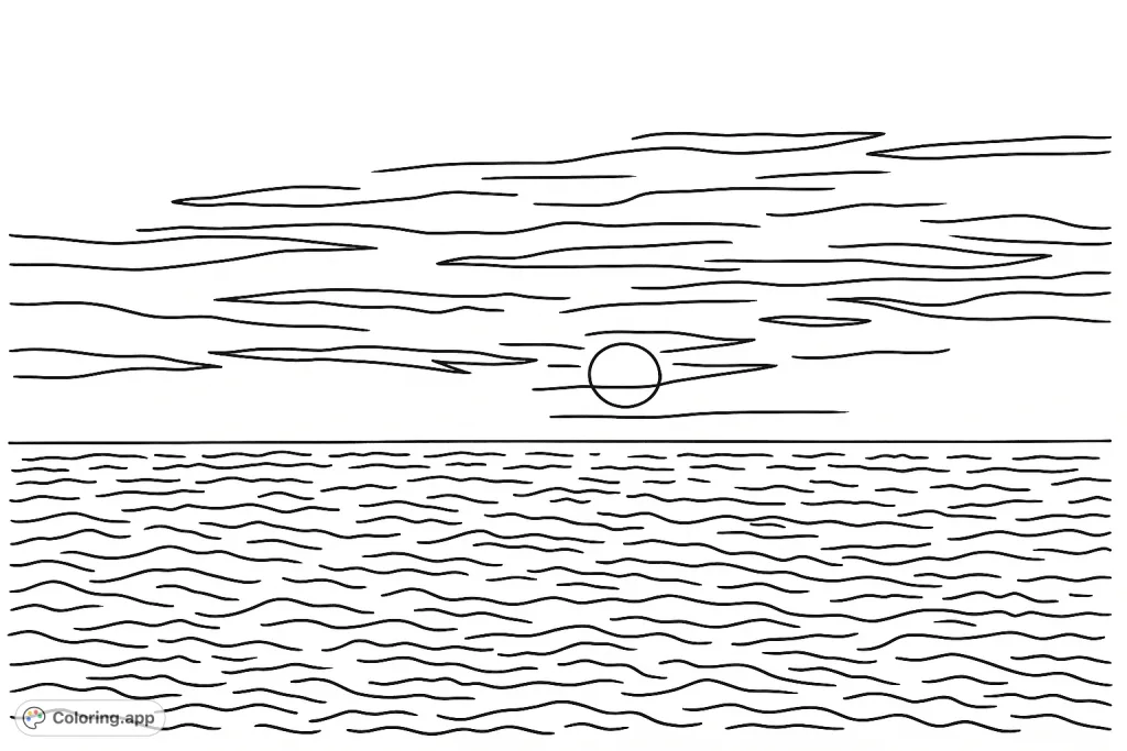 A serene ocean sunset with a glowing sun dipping below the horizon, casting light on textured clouds and rippling water. Perfect for relaxation.