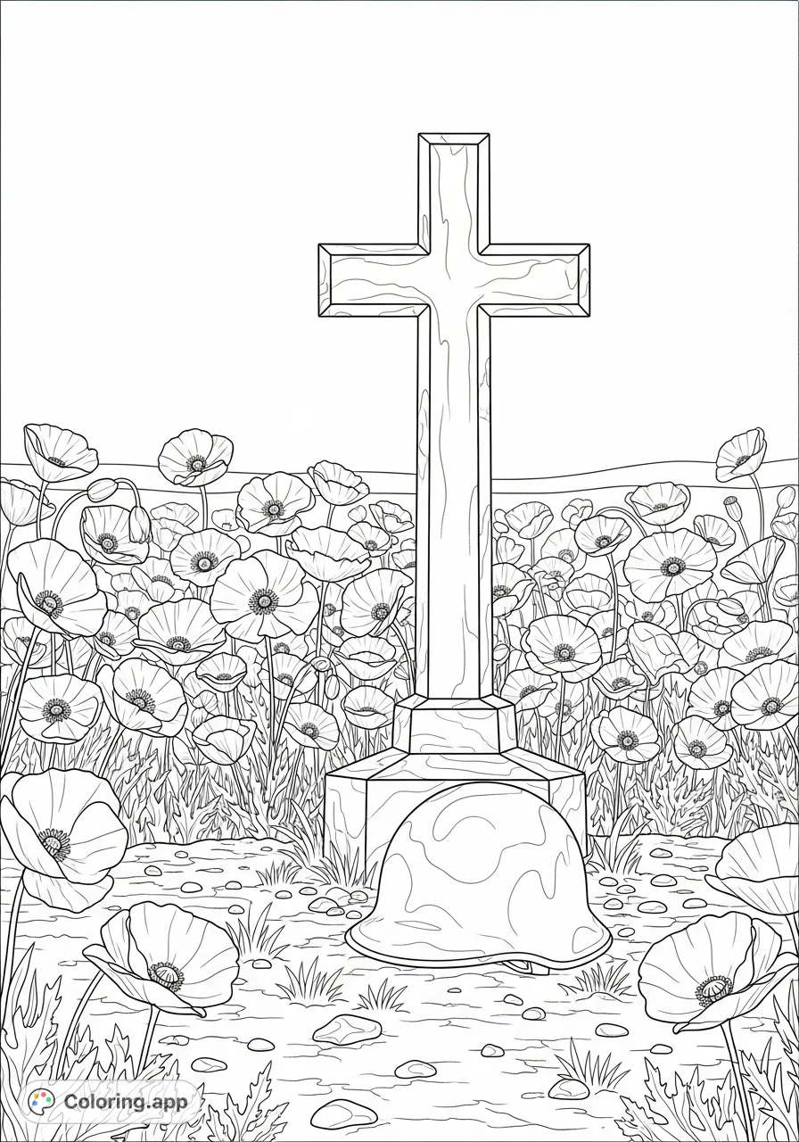 A poignant Canadian Remembrance Day coloring page featuring a field of poppies, a solemn cross, and a military helmet. Perfect for reflection and art.