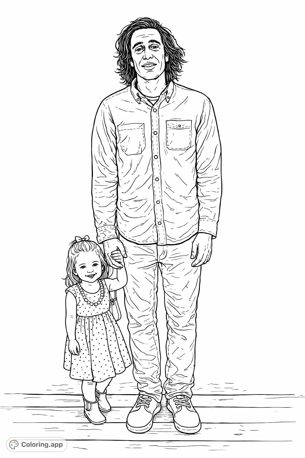 A heartwarming coloring page featuring a tall man and a small girl holding hands, both smiling joyfully. Capture their special bond with your creative touch.