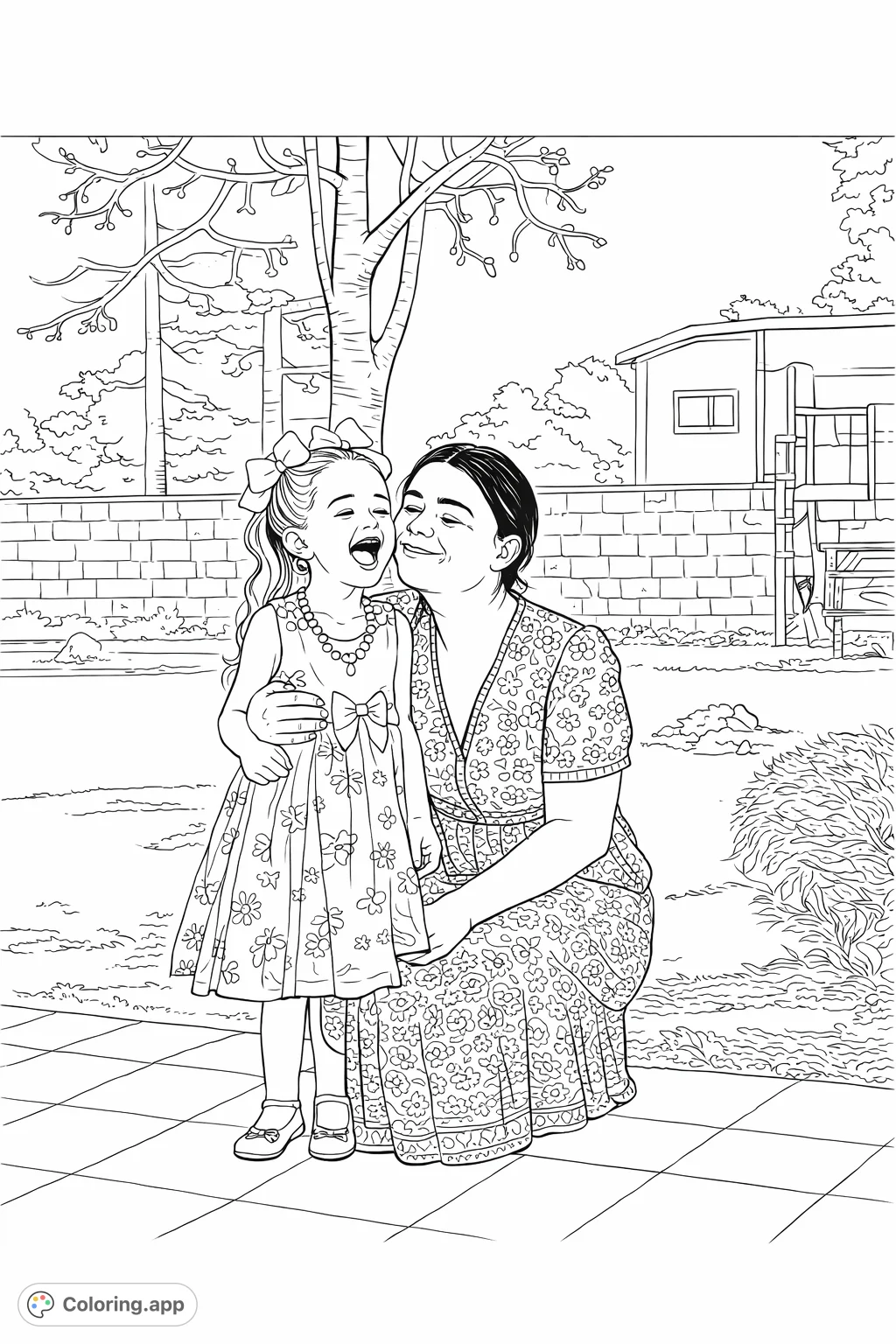 Capture a heartwarming moment between a mother and child. Features detailed clothing patterns, playful bows, and a serene outdoor setting.