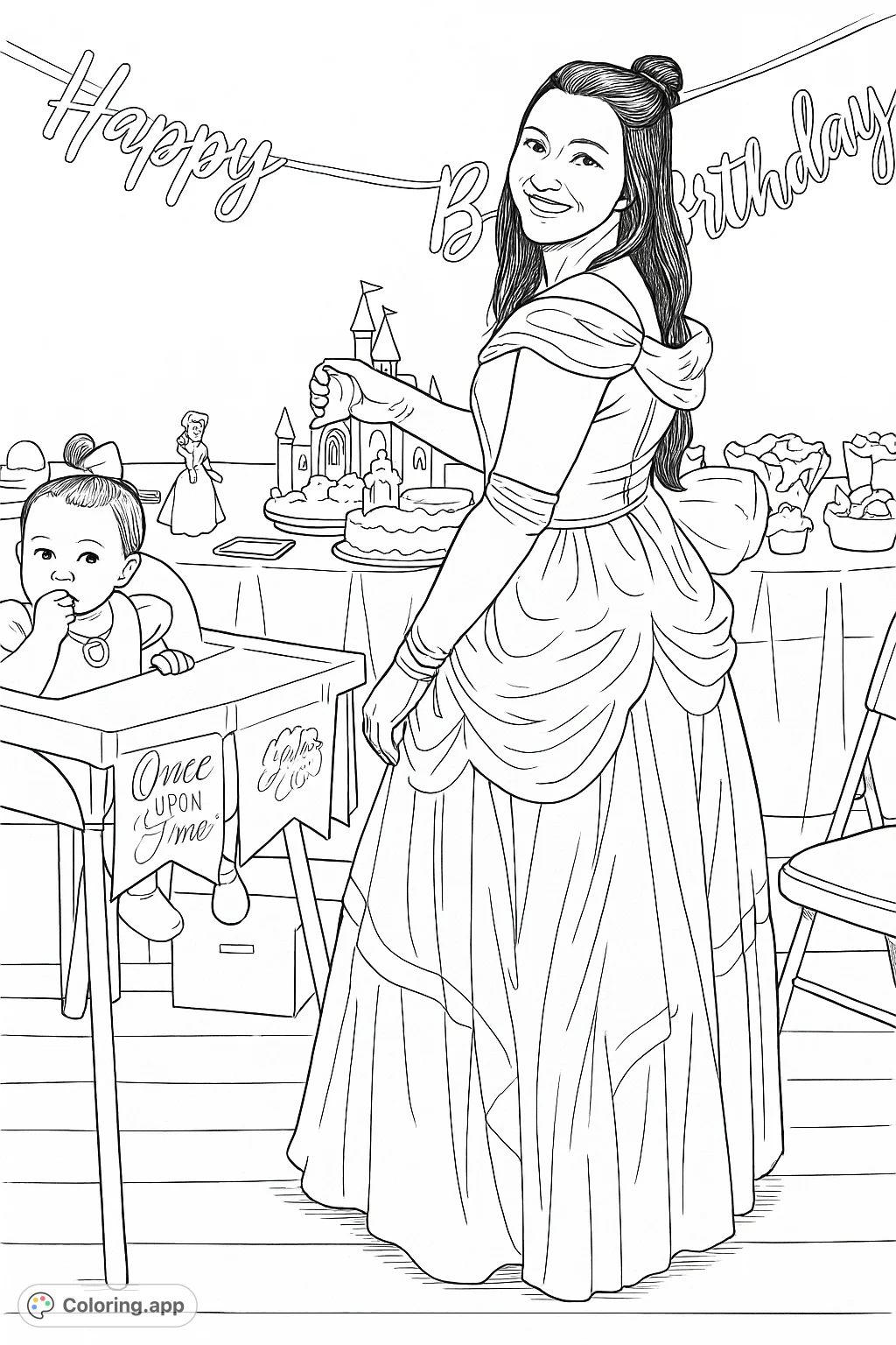 A delightful princess party scene featuring a woman in a grand gown and a baby in a high chair, surrounded by festive decorations. Perfect for celebration coloring!