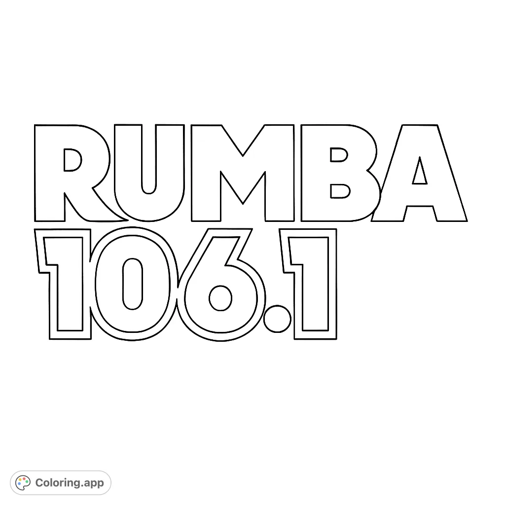 A bold text design featuring 'RUMBA' and '106.1' with unique outlines, perfect for a fun and creative coloring experience.