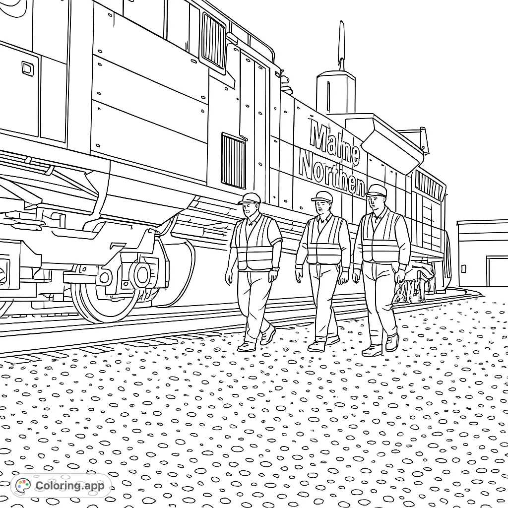 Three workers walk alongside a powerful locomotive on a gravel track. A detailed scene for train enthusiasts and those who appreciate industrial themes.