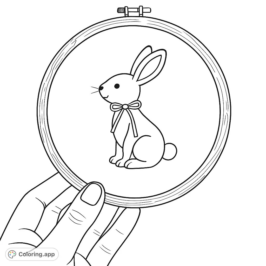 Color a charming, fluffy rabbit nestled in a rustic embroidery hoop. Perfect for animal lovers and craft enthusiasts seeking a delightful project.
