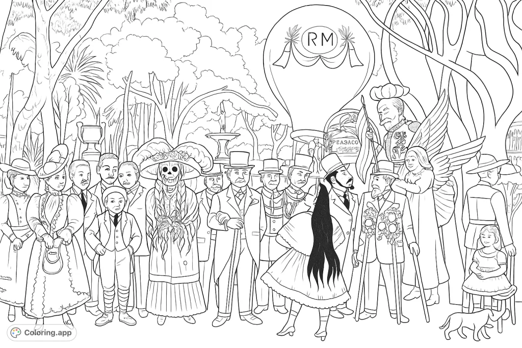 Color a grand historical promenade scene featuring diverse figures, including a skeleton in elaborate attire, a hot air balloon, and a lush park.
