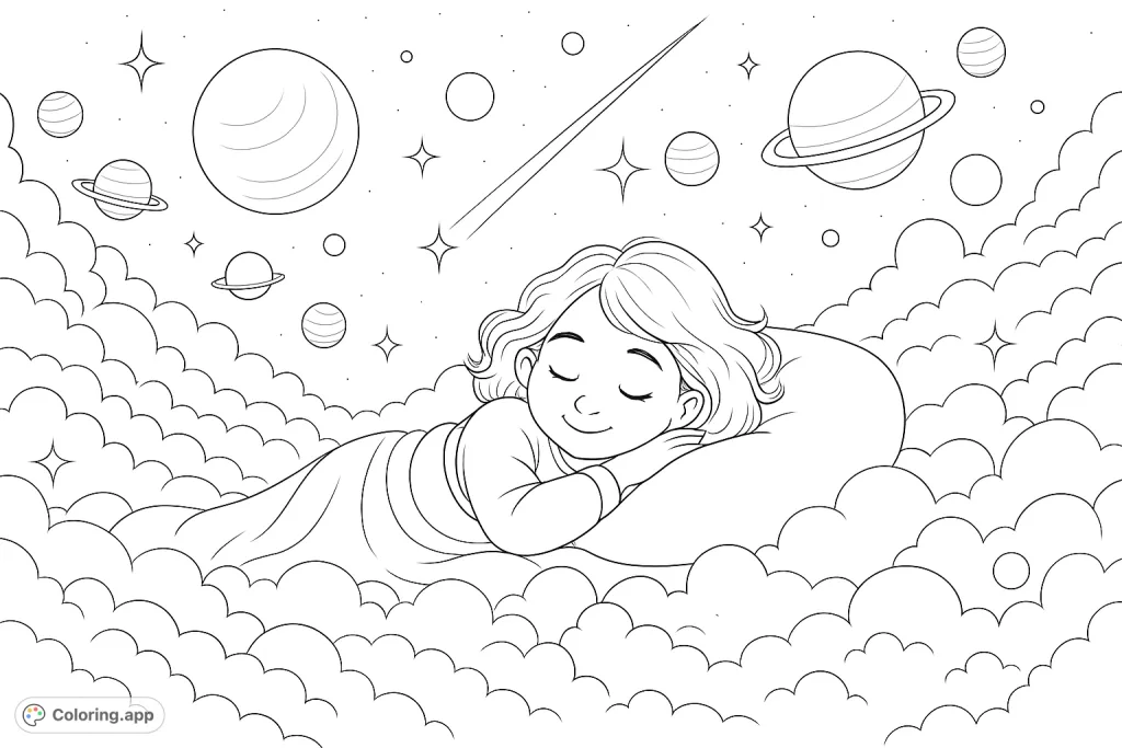 A serene child sleeps peacefully on a cloud, surrounded by a starry night sky filled with planets and a shooting star. A magical cosmic dream scene.