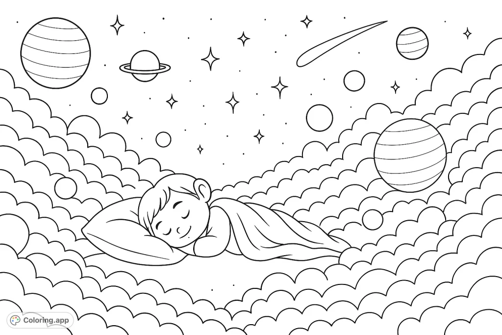 A peaceful child sleeps nestled among soft clouds, surrounded by a magical night sky filled with planets, twinkling stars, and a graceful comet.