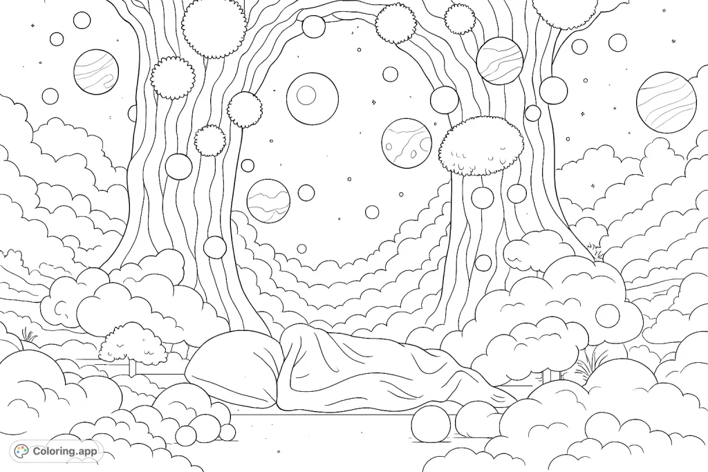 Drift into a celestial dreamscape with a sleeping figure nestled among whimsical trees, floating orbs, and a starry sky. A magical, serene escape.