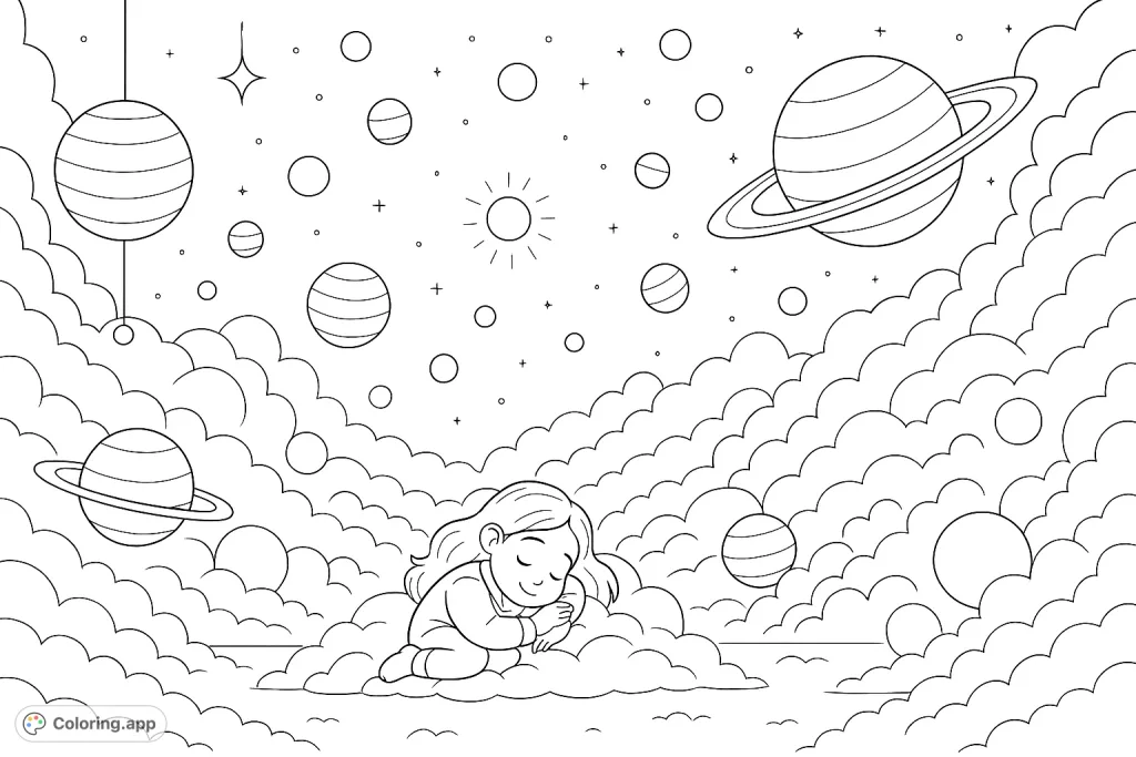 A peaceful child sleeps on a cloud, surrounded by a magical sky filled with planets and stars. A whimsical celestial dreamscape awaits your creative touch.