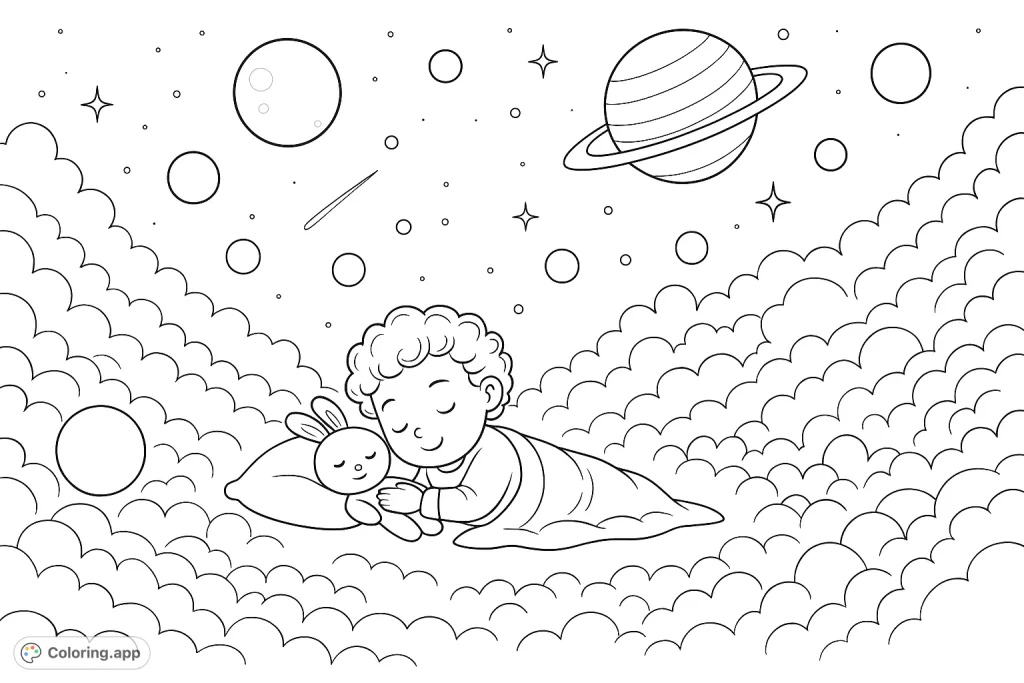 A peaceful child sleeps soundly, cradling a stuffed rabbit, surrounded by a whimsical night sky filled with planets, stars, and soft, cloud-like formations.