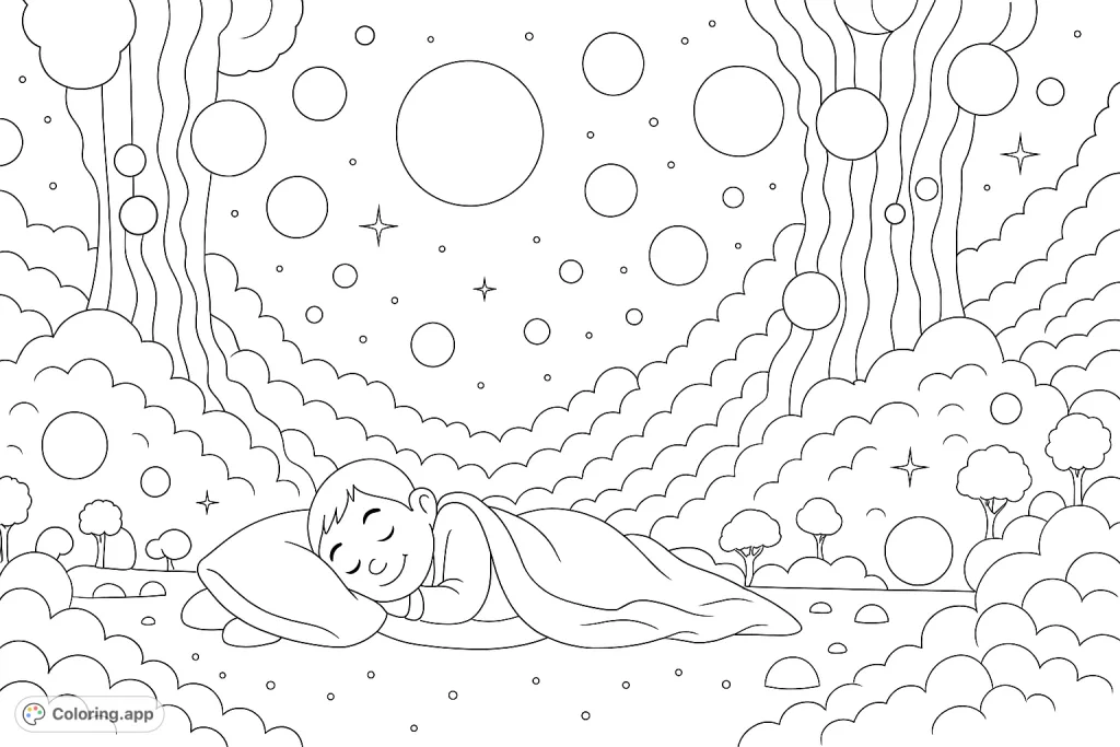 A child sleeps peacefully in a whimsical dreamscape, surrounded by floating spheres, stars, and fantastical trees. A magical night scene for coloring.