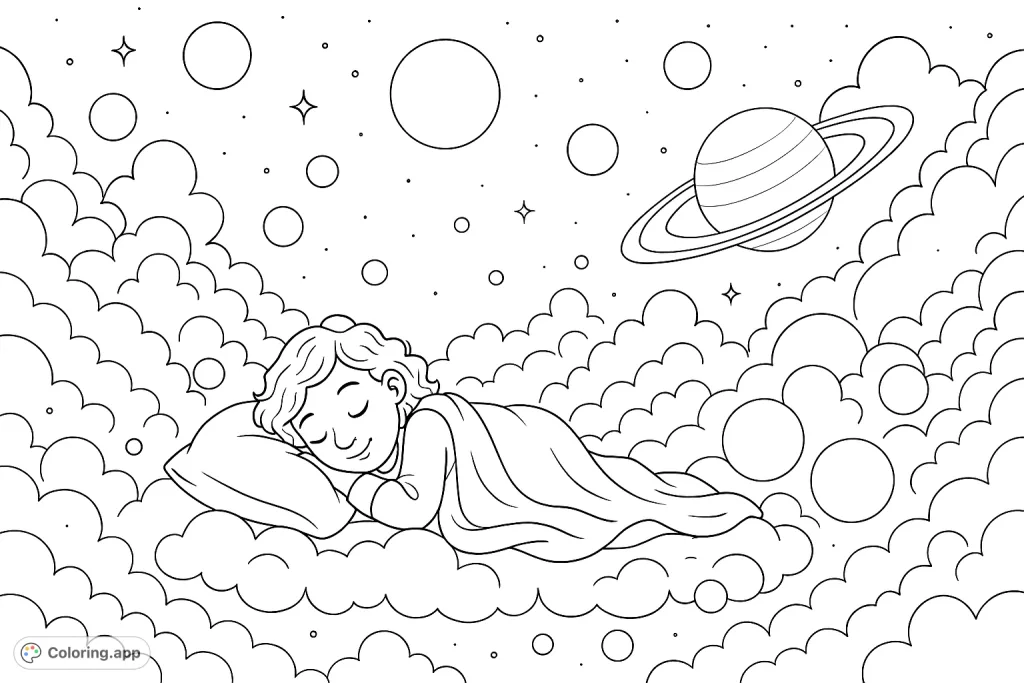 A peaceful child sleeps amidst a cosmic dreamscape of fluffy clouds, twinkling stars, and distant planets, inviting imaginative coloring.