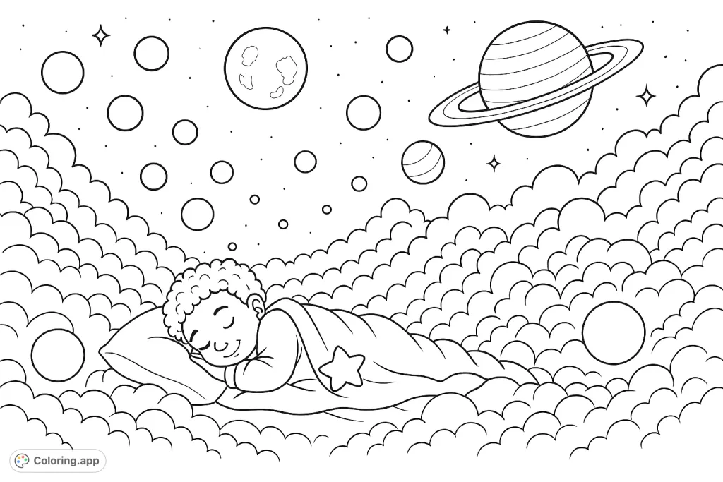 A peaceful child sleeps amidst soft clouds and a starry sky, surrounded by planets and a moon. A whimsical cosmic dream scene for coloring.