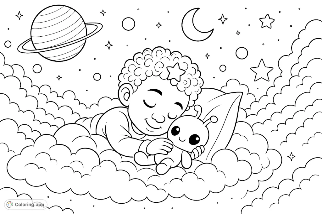 A peaceful child sleeps among stars and planets, cuddling a friendly alien toy on a cloud. A whimsical space adventure awaits your colors!