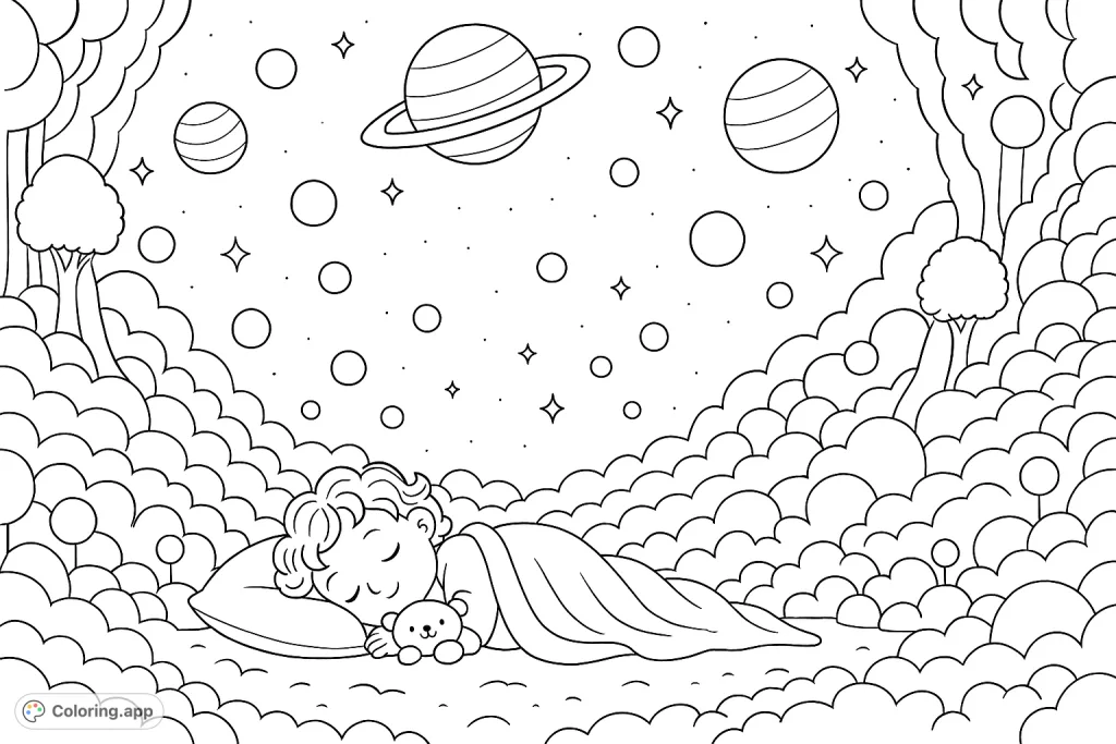 A peaceful child sleeps amidst a whimsical cosmic landscape, surrounded by planets, stars, and soft cloud formations. A magical dream scene for coloring.