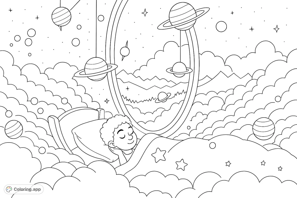 A child sleeps peacefully amidst a whimsical cosmic landscape, surrounded by floating planets, stars, and soft clouds. A magical dream scene.