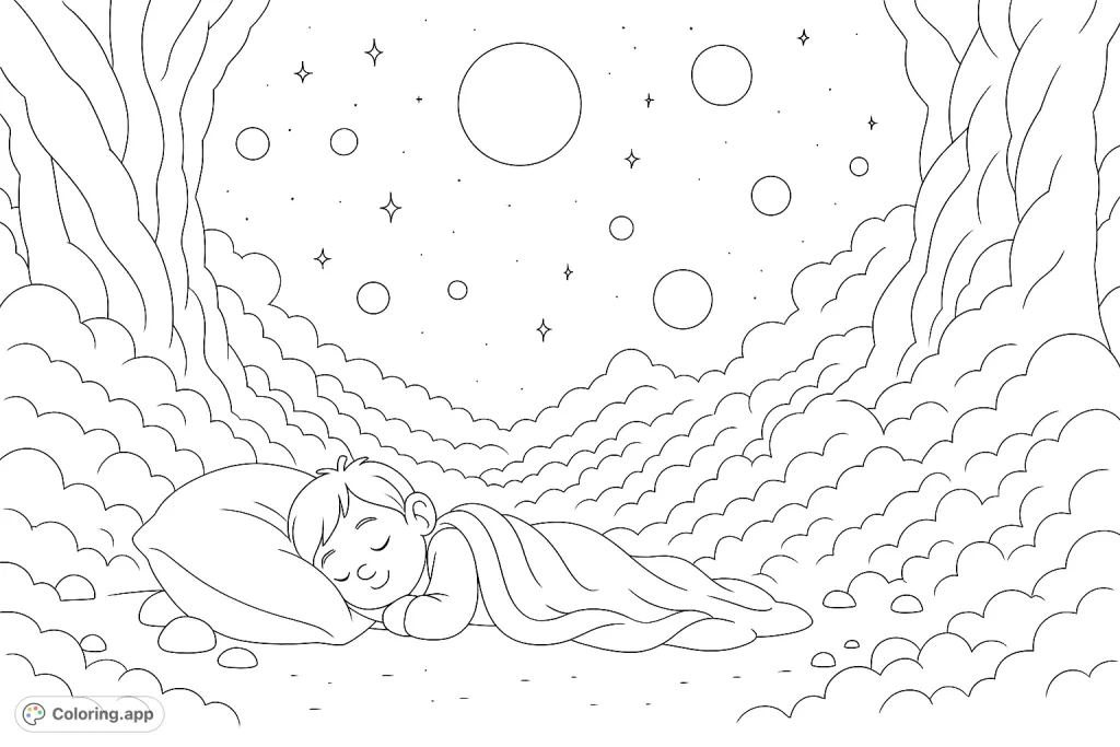A peaceful child sleeps under a magical night sky filled with celestial bodies and stars, surrounded by soft, cloud-like formations. A serene dreamscape coloring page.