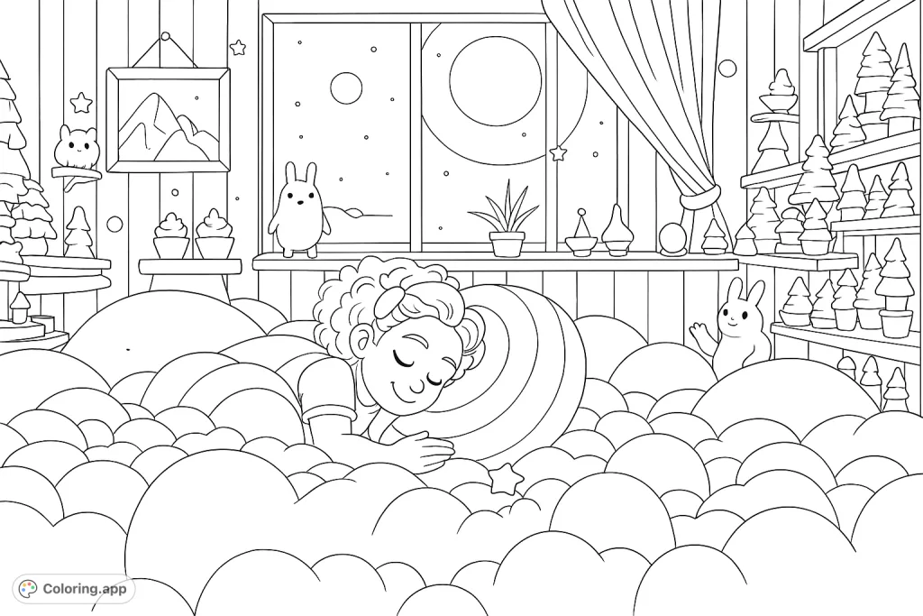 A peaceful scene of a child sleeping soundly amidst soft, cloud-like shapes, surrounded by whimsical creatures and a starry night sky through a window.