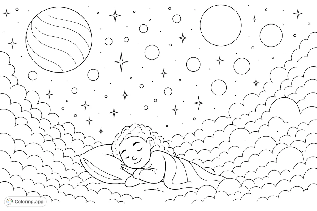 A peaceful child sleeps amidst a celestial dreamscape, surrounded by soft clouds, twinkling stars, and distant planets. A serene and imaginative scene.