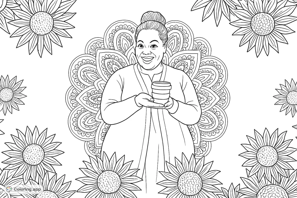 A joyful person holds a unique stacked object, framed by an intricate mandala and detailed sunflower patterns. A delightful and engaging coloring experience.