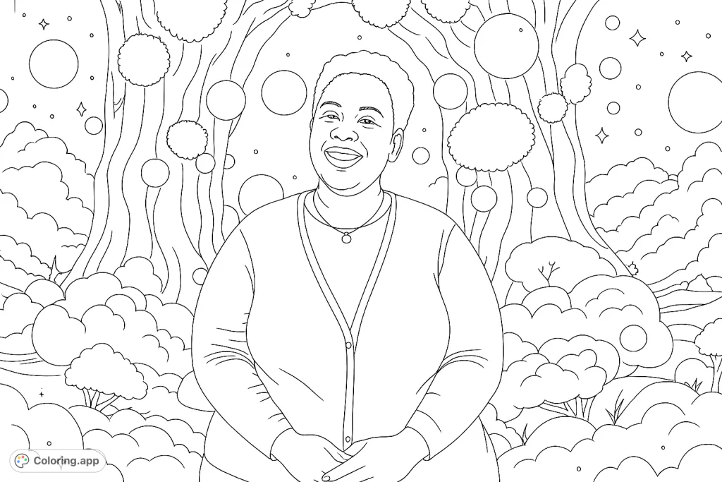 A smiling person in a magical forest with glowing trees, floating orbs, and celestial bodies. A whimsical scene perfect for imaginative coloring.