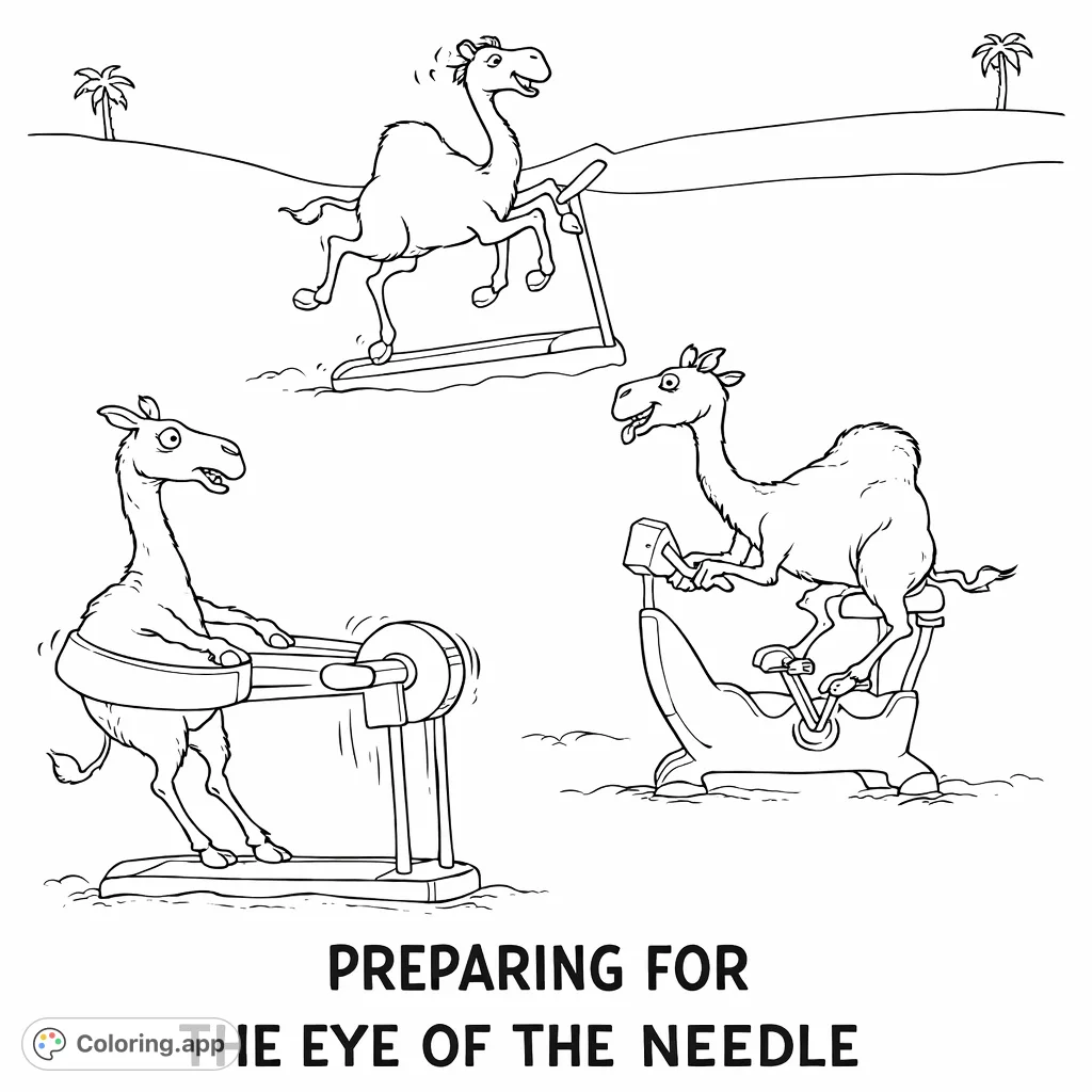 Engage with a hilarious desert fitness scene featuring three camels on exercise equipment. Perfect for a fun, animal-themed coloring adventure!