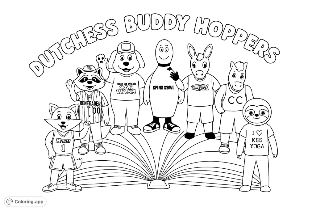 A fun coloring page featuring a diverse group of friendly mascots standing above an open book, perfect for imaginative coloring and creative expression.