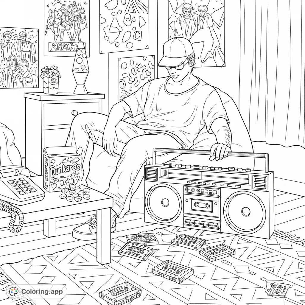 Step back to the 90s with this detailed coloring page featuring a teen in retro clothes, a boombox, cassette tapes, and Dunkaroos in a nostalgic bedroom.