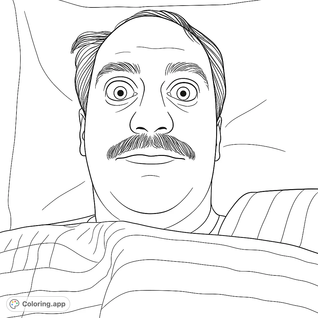 A humorous coloring page featuring a man with a mustache and wide, surprised eyes, peeking from under a cozy blanket in bed. Perfect for a fun, lighthearted coloring session.