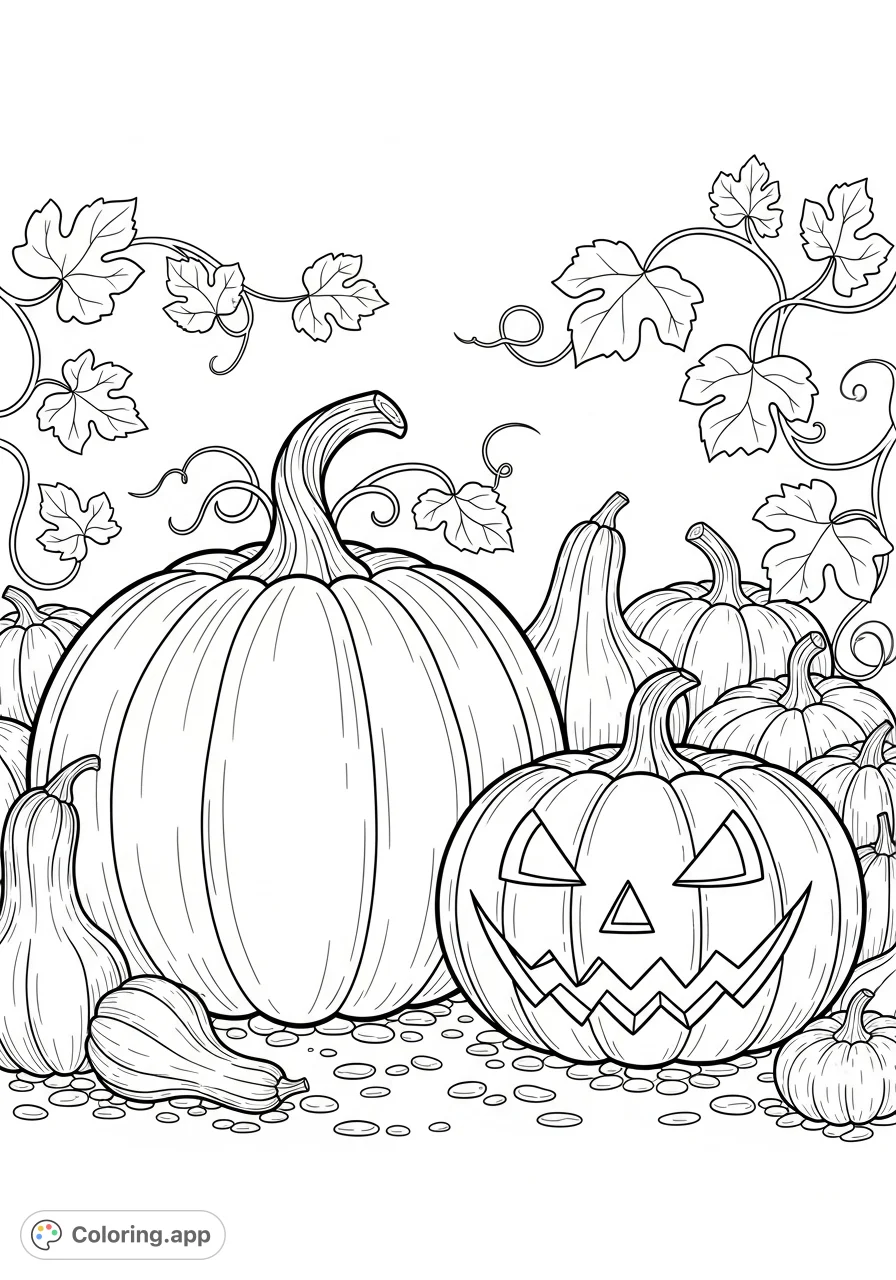 Explore an enchanting pumpkin patch featuring a friendly jack-o-lantern and plump pumpkins. A delightful autumn scene for all ages to color.